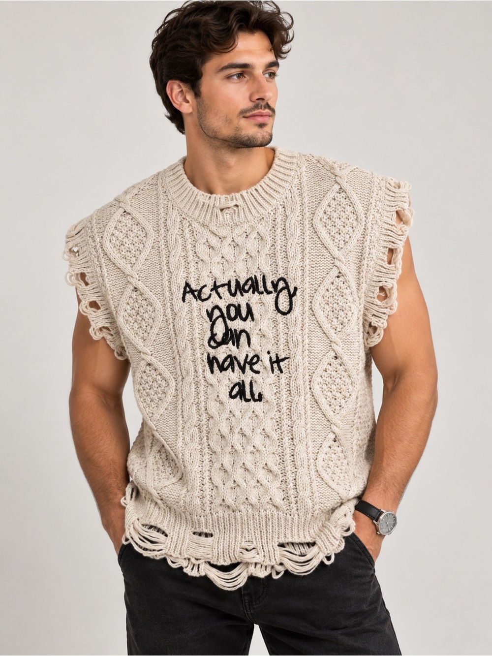 ROMWE Men's Cream Cable-Knit Distressed Crewneck Sweater Vest with Slogan NWT